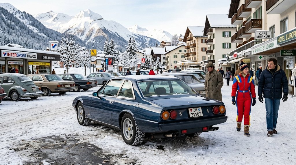 Dunkelblauer Ferrari 400 mit Zürcher Kennzeichen auf einem verschneiten Parkplatz in Davos, Winter