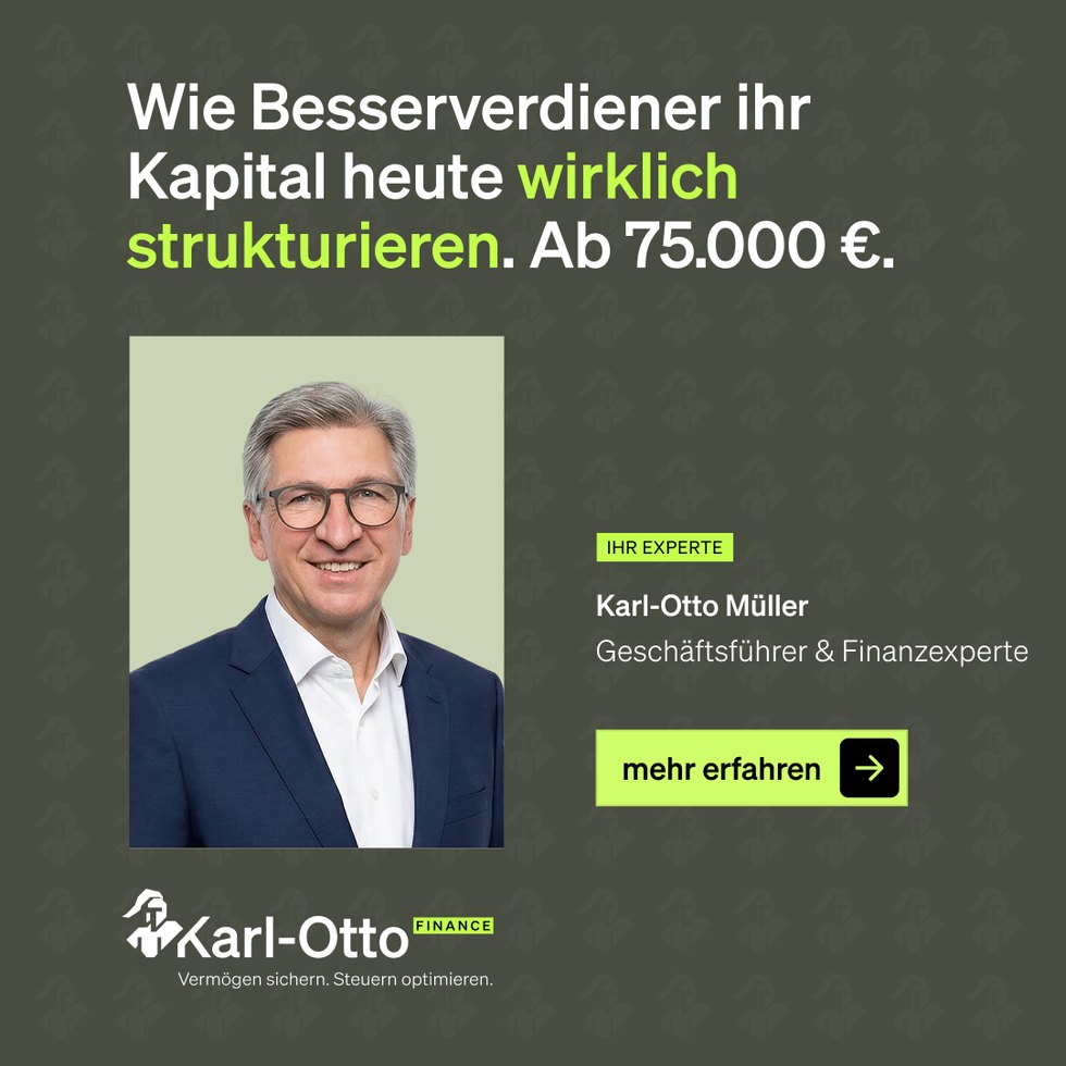 Finanz-Anzeige mit klarem Expertengesicht — Karl-Otto Müller, Finanzexperte