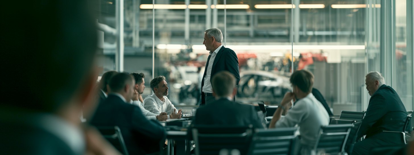 Führungskraft steht in einer Besprechung in einem verglasten Raum mit Blick auf die Produktion und spricht zum Team.