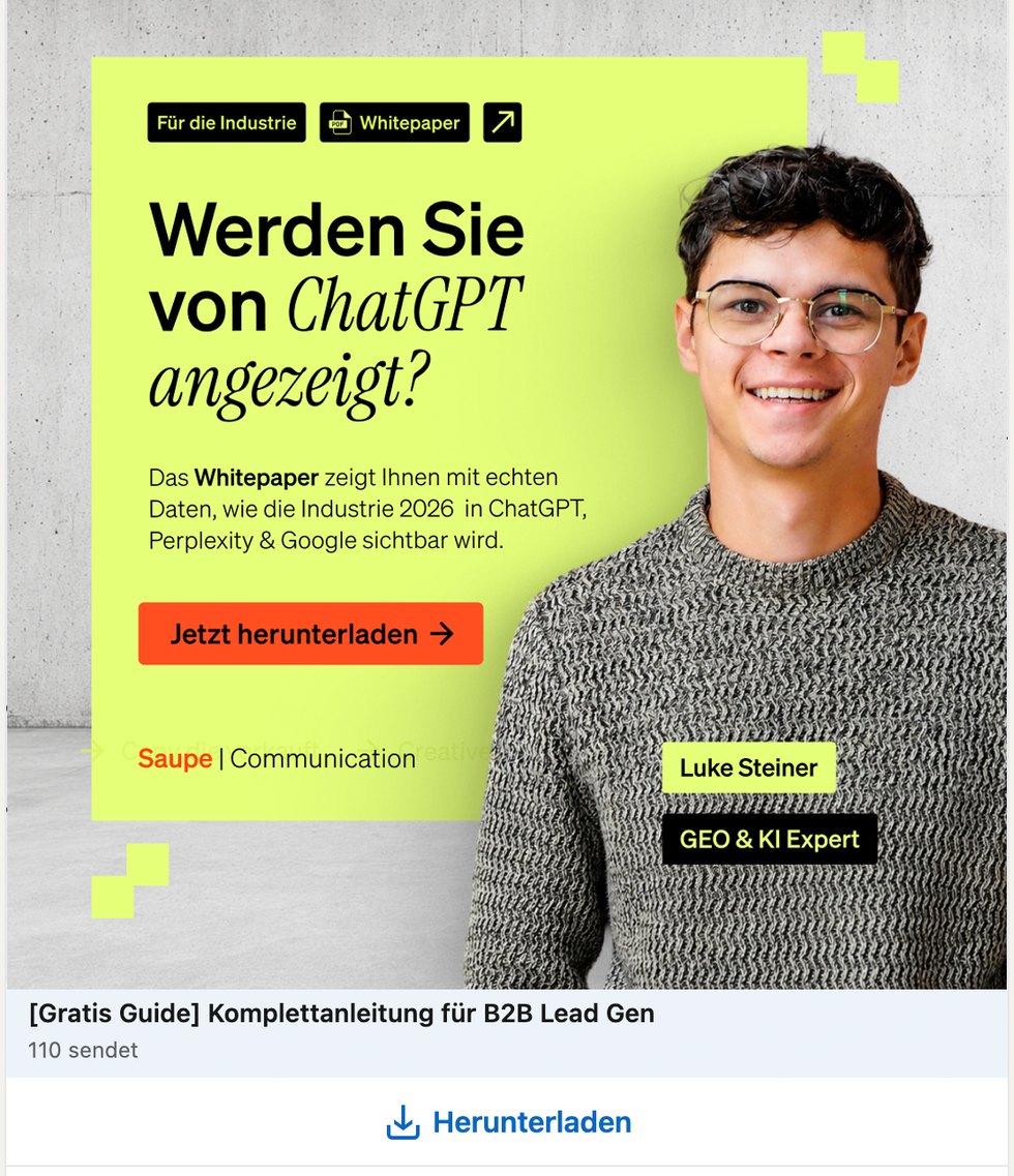 LinkedIn-Anzeige der Saupe-Kampagne mit Personenbild — sympathisch blickender Mensch