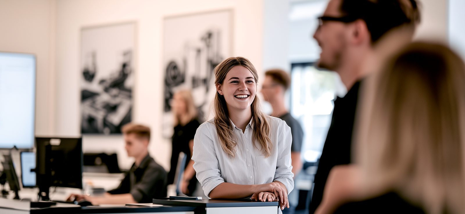 Junges Marketing-Team in einem hellen Büro im Gespräch.