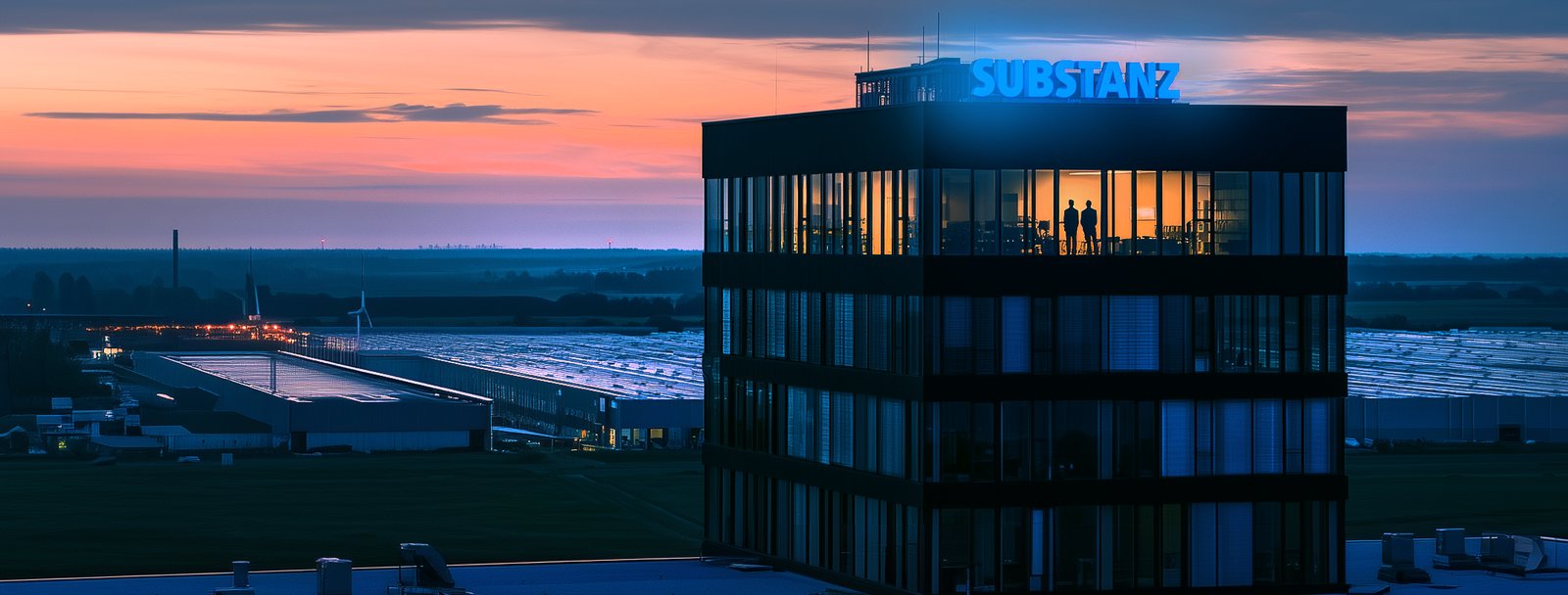 Bürohochhaus in der Abenddämmerung mit blau leuchtendem Schriftzug „SUBSTANZ“ über einer Industrielandschaft.